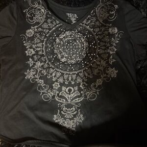Time and Tru Black Floral Embellished Tee